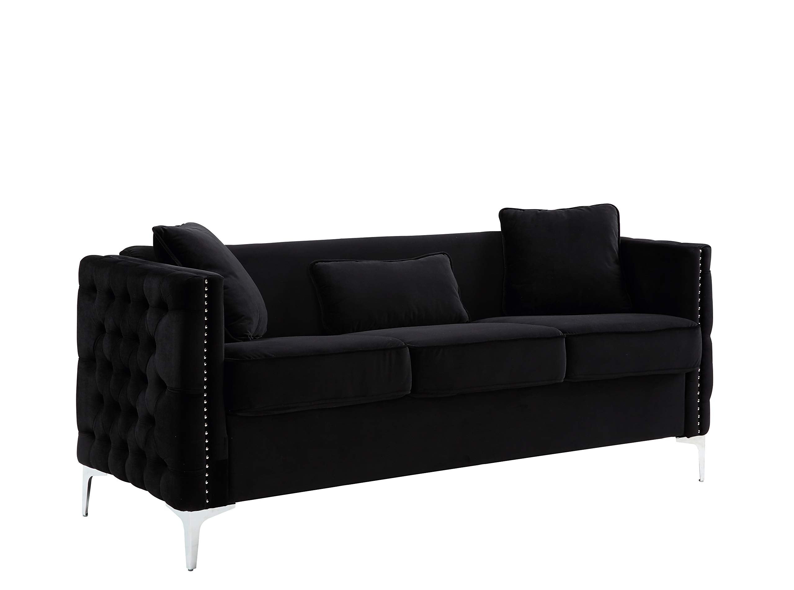 Lilola Home Bayberry Black Velvet Sofa with 3 Pillows